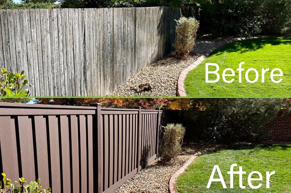 A split image showing the difference between Trex composite fencing and a traditional wooden fence after a long period of time.